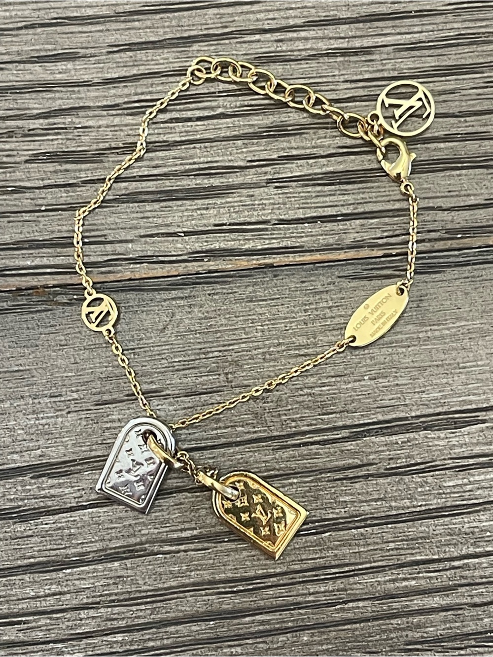 Louis Vuitton Two-Tone Monogram Nanogram Tag Bracelet - Gold & Silver
